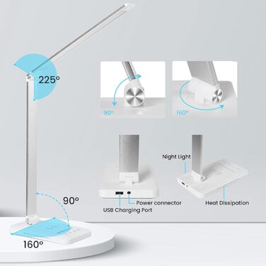 LED лампа настільна диммерна 560LM - офісна лампа з 5 режимами кольору та 10 рівнями яскравості, з нічним світлом, USB-портом, функцією пам'яті та таймером, 10W - білий (адаптер 24w - сріблястий)
