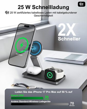 Бездротовий зарядний пристрій 25W MagSafe 3-в-1 для iPhone 17e/17/16/15/14/13/12/Air, Apple Watch та AirPods Pro - чорний