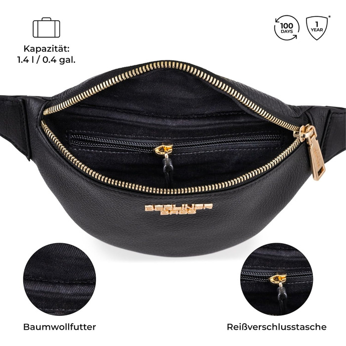 Чоловіча/Жіноча сумка через плече Berliner Bags Preiu Bauchtasche, шкіряна поясна/бананка (Чорний / Золотий, M)