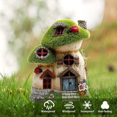 TERESA'S COLLECTIONS Outdoor Garden Decor, Garden Decoration, Fairy House Garden Decor, fairy garden, Mushroom, made of resin, with solar lamp, Green, Balcony, Autumn decor, Autumn Decoration, 16cm