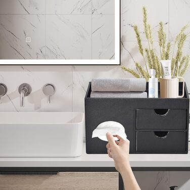 Tissue Box Linen with Drawers, Square Cosmetic Tissue Box with Magnetic Closure, Tissue Box with Side Pocket for Cell Phones, Cosmetic Brushes, Remote Controls, Office Supplies, Perfumes (Black)