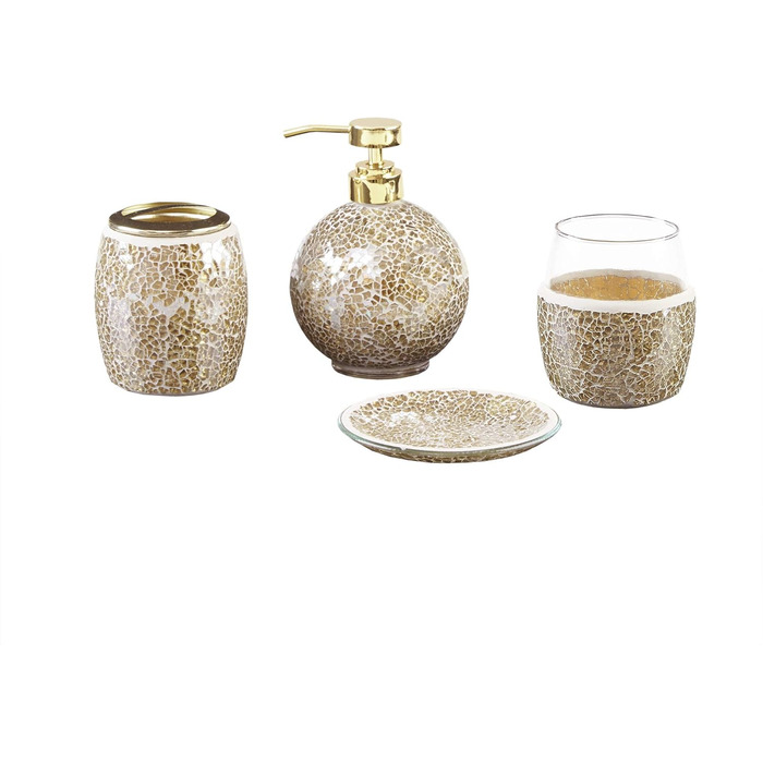 Madison Park Mosaic Bathroom Accessory Set, 4-Piece Bathroom Accessory Set with Gold Soap Dispenser, Toothbrush Holder, Tumbler, and Ring Dish