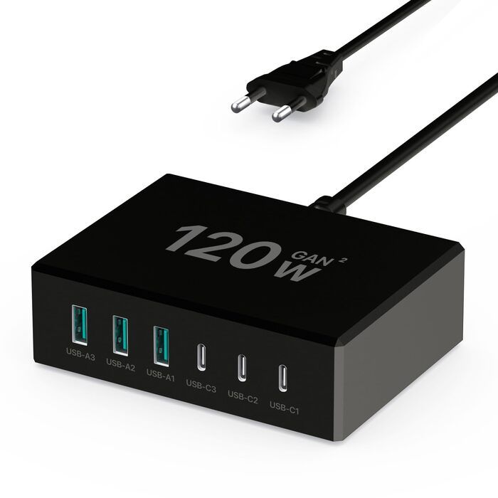 Зарядний пристрій USB-C 120W GaN, 6 портів, для iPhone/Samsung/Google/планшетів, чорний