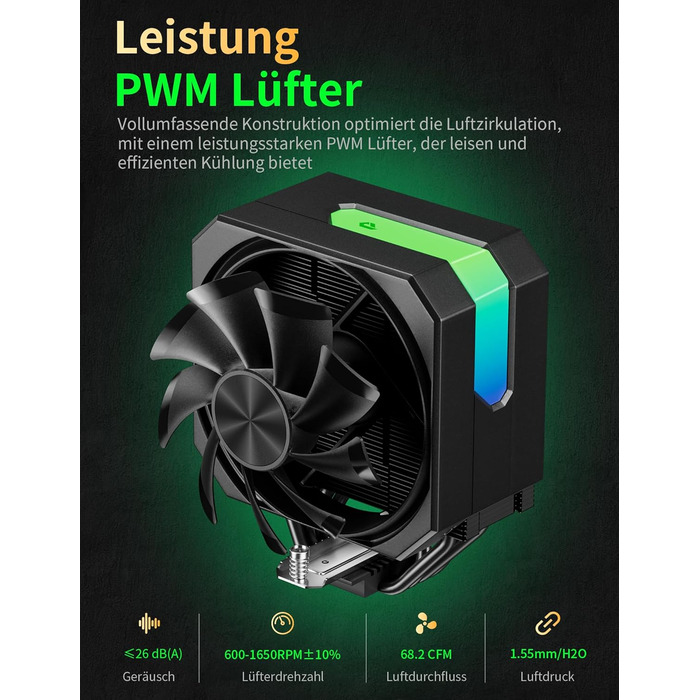 upHere Кулер для CPU з ARGB підсвічуванням, 4 теплові трубки, 120мм вентилятор, сумісний з AMD AM4 AM5/Intel 2011/2066, ПК кулер up1KC4