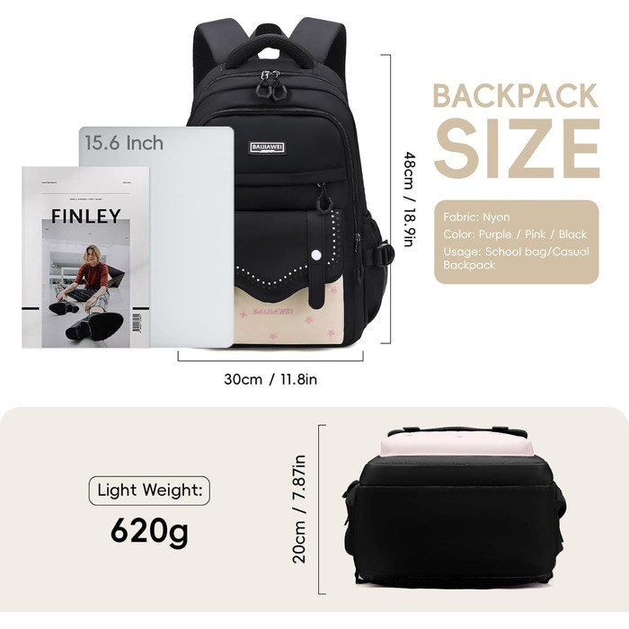 Шкільний рюкзак для дівчаток-підлітків, 2025, великий, для гімназії, старшої школи, 30L (чорний)