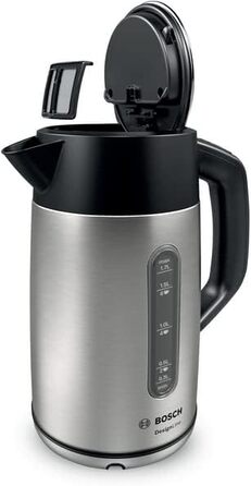 Електричний чайник Bosch DesignLine TWK4P440, 1.7 л, нержавіюча сталь/чорний, з індикатором рівня води та захистом від перегріву