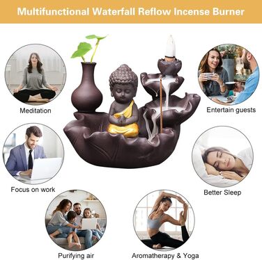 Golden Buddha Waterfall Backflow Incense Burner, Water Fountain Incense Holder, Golden Buddha Censer, Ceramic Incense Burner for Family, Office, Bedroom Decoration