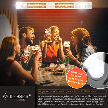 Інфрачервовий обігрівач KESSER® 3000W з LED-підсвічуванням, WiFi та пультом дистанційного керування. Підходить для тераси, кафе, бару. Обігрівач на стіну, кварцовий, з захисним чохлом.