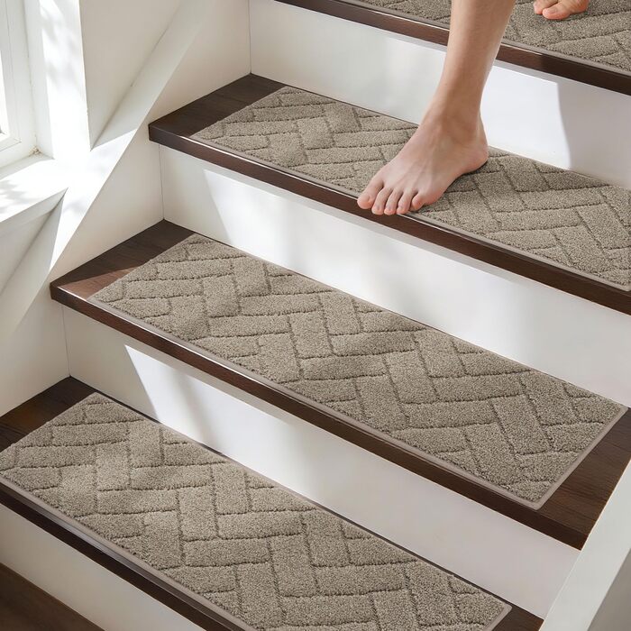 Килимки на сходи BEQHAUSE, 4 шт, 22x70 см, бежеві, антиковзкі, для дітей та літніх людей, машинне прання, TPE основа