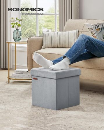 SONGMICS Storage Ottoman, Small Folding Bench, 38 x 38 cm Footstool, Storage Box, Holds up to 300 kg, for Living Room Bedroom Dorm, Dove Grey LSF227G02 38T x 38B x 38H cm Dove Grey