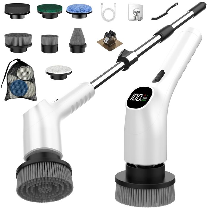 Електрична щітка для чищення з 7 насадок, IPX7 водонепроникна, регульована ручка, для ванної кімнати (біла)