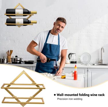 2pcs Metal Wall Mounted Wine Holder Stemware Glass Rack, Foldable Wall Hanging Red Wine Shelf Organizer with 3 Stem Glass Holders, Black Wine Bottle Hanger for Home Kitchen Bar Wall Decor (Gold A)