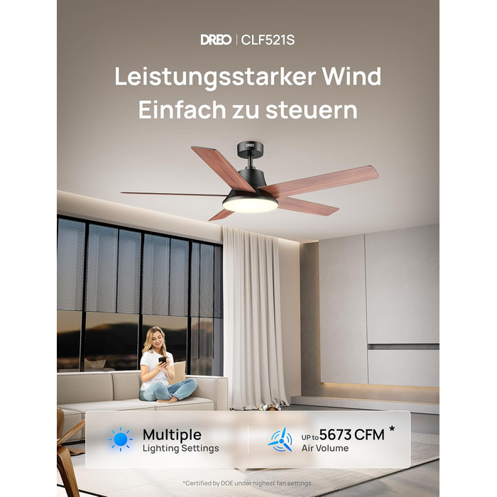 Дрео Смарт стельовий вентилятор з підсвічуванням, 132 см, 12 швидкостей, 3 режими, регульоване LED-підсвічування, тихий DC-двигун, 12H таймер, керування пультом/APP/Alexa, для приміщень (Чорний)