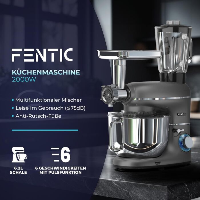 Кухонна машина Fentic 6-в-1 з м'ясорубкою, 1,5л соковитискачем, подрібнювачем овочів та ін. – 2000W, містка чаша 6,2л, набір насадок (антрацит)