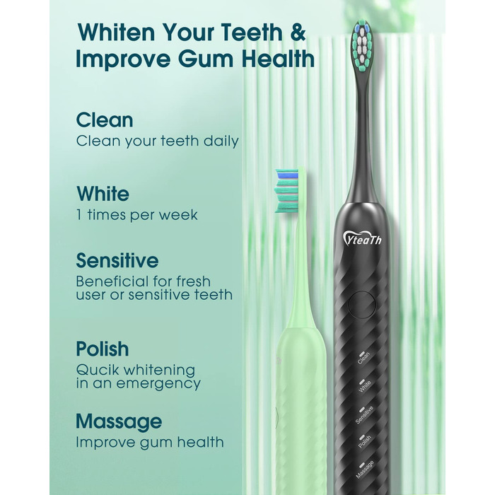 Електрична зубна щітка для дорослих з 6 насадками, перезаряджувана звукова щітка, чорна (1 шт.)