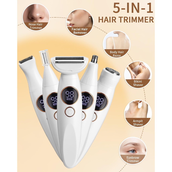 Електричний епілятор та гоління для жінок 5-в-1: тіло, зона бікіні, вусики, брови, ніс. USB-зарядка.