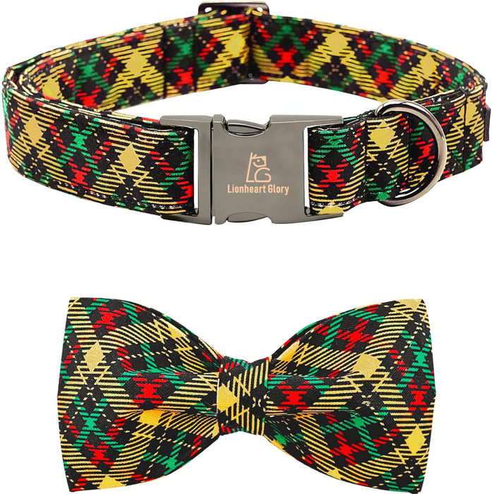 Нашийник для собак Lionheart Glory з візерунком у клітинку, регульований м'який нашийник з краваткою, нашийник з бантиком для середніх собак, подарунок для домашніх тварин, червоно-зелена клітинка (S, 1 шт.), різдвяний зелений