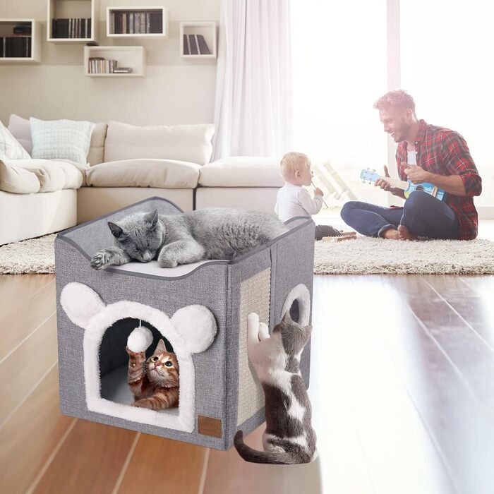 Foldable Cat House, 2-Tier Cat Cave Cube Large Space Cat Bed with Scratching Board and Play Ball for Small to Medium Pets Indoor Retreat 40 * 40 * 35cm Grey