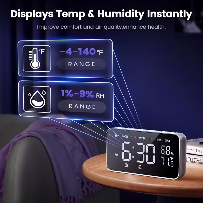 Dekala LED Digital Alarm Clock with Dual Alarms, Temperature & Humidity Sensor, Nightstand Function with Snooze, 12/24h Format, Large Automatically Dimming Display and Digitally Powered Clock