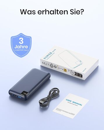 Power Bank A ADDTOP 20000mAh 22.5W USB-C: Зовнішній акумулятор для телефону, портативний зарядний пристрій з 4 портами (Синій)