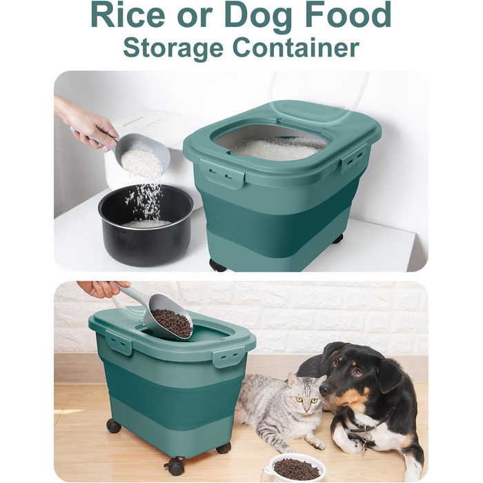 Контейнер для зберігання рису, складний, на колесах, з герметичним кришкою, мірний стакан та лопатка, для продуктів, рису, кормів для тварин, борошна, темно-зелений, 9-13,6 кг