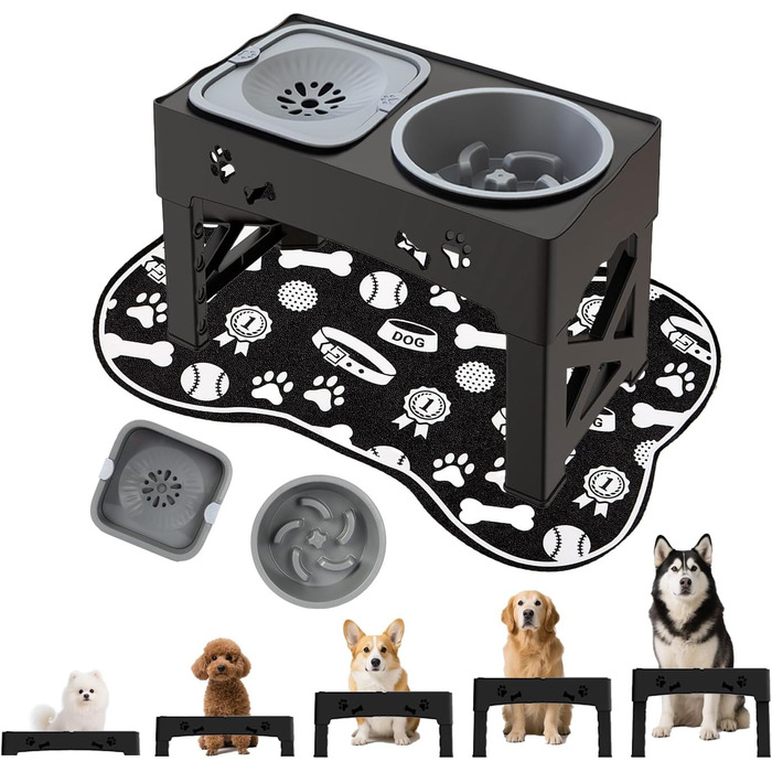 Набір мисок для собак і котів 3-в-1 з регулюванням висоти, антиковзною підстилкою та захистом від розливання (2x1000 мл)