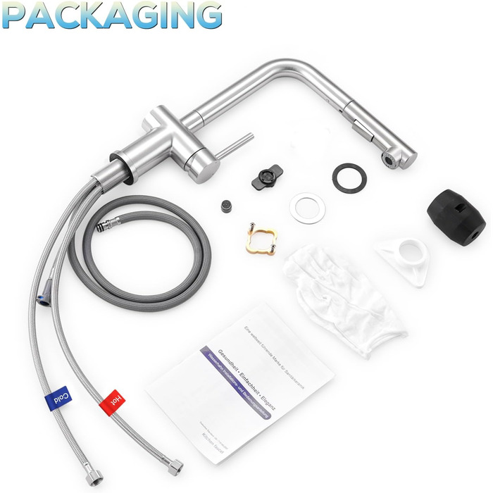 Змішувач кухонний з висувною лійкою, високого тиску, з двома режимами струменя, поворотний на 360°, L-подібний, з нержавіючої сталі (шліфований)