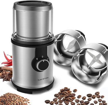 Electric Coffee Grinder, Spice Grinder with 2 Detachable Stainless Steel Bowls, with Splash Guard Cover and Brush, Coffee Bean Grinder with 110g Capacity, Dry and Wet for Corn Kernels, Herbs
