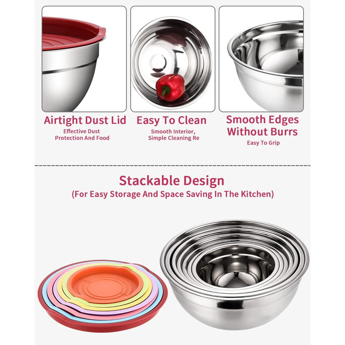 Set of 7 stainless steel bowls with colorful lids, mixing bowls, salad bowls, stackable for minimal storage, essential cooking, kitchen utensils