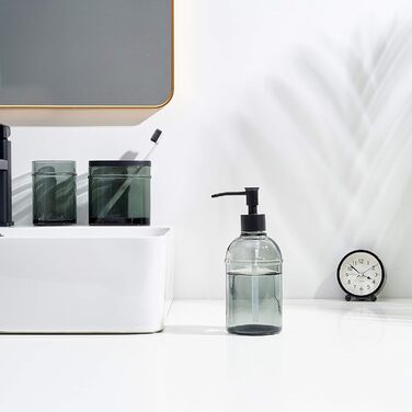 4-piece glass bathroom accessory set with decorative pressed pattern, including soap dispenser, tumbler, soap dish, and toothbrush holder, Blue-Green (Gray)