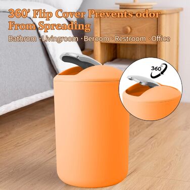 9-Piece Bathroom Accessory Set – Trash Can, Soap Dispenser Set, Soap Dish, Toilet Brush with Holder, Toothbrush Holder, Cup, Tray, Cotton Swab Holder, (Silver and Orange)