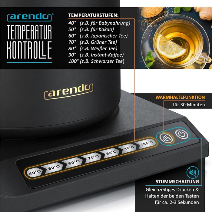 Arendo Stainless Steel Electric Kettle with Temperature Control - 40° to 100° - Keep Warm Function - 0.5 Liter - Sensor Buttons - 360° Swivel Base - Retro Design - Black