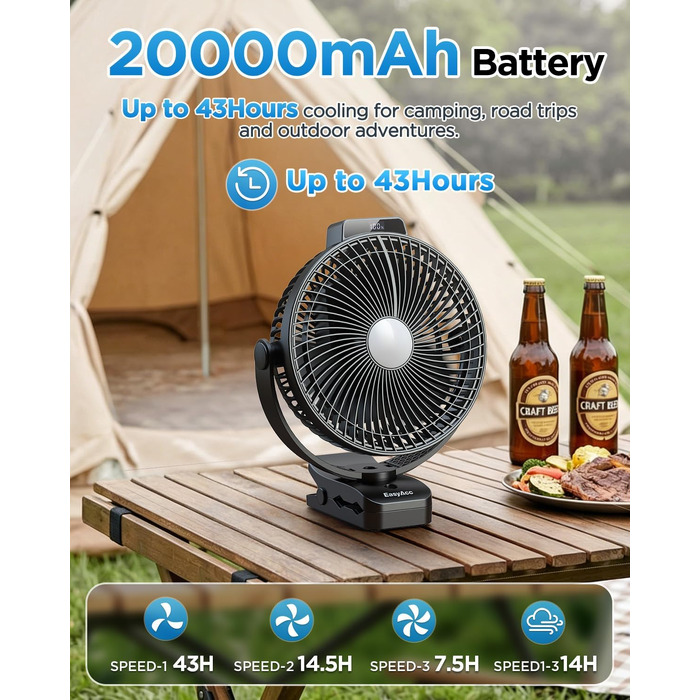 Кліпса-вентилятор EasyAcc 10000mAh з Powerbank: кемпінговий вентилятор 20см, 5 швидкостей, LED-дисплей, 360° гачок для коляски, гроубоксу та кемпінгу, чорний