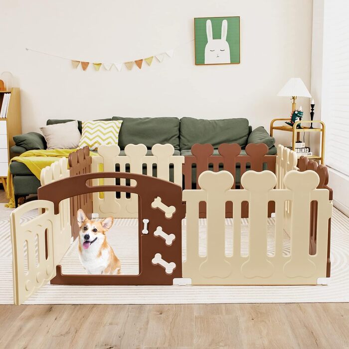 Вольєр для собак COSTWAY з 8 панелей, 60 см, з дверцятами, для дому та саду, HDPE пластик, бежевий + коричневий