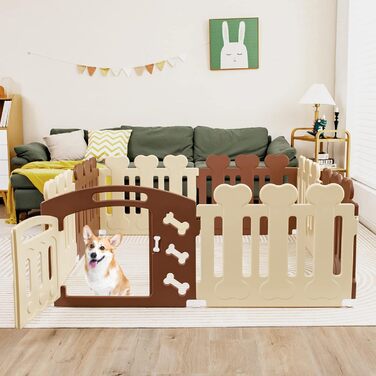 Вольєр для собак COSTWAY з 8 панелей, 60 см, з дверцятами, для дому та саду, HDPE пластик, бежевий + коричневий