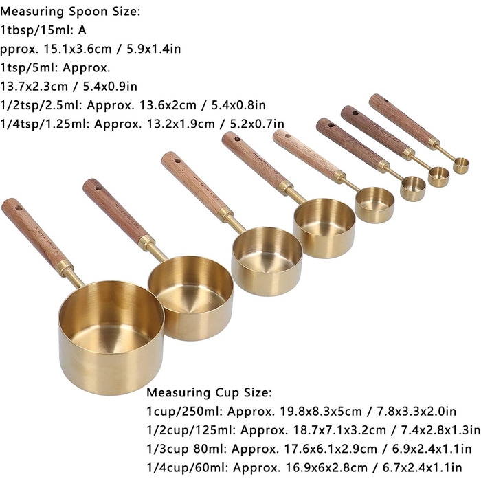 KOSDFOGE 8-Piece Stainless Steel Measuring Cup Set with Wooden Handle, Bartending Scale, Measuring Spoons, Baking Tool