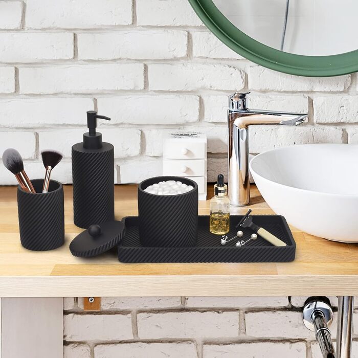 Bathroom Accessory Set, 4-Piece, Lotion/Soap Dispenser, Toothbrush Holder, Qtip Holder, Vanity Tray for Decoration, Bathroom, Countertop, Vanity Organizer, (Matte Black)