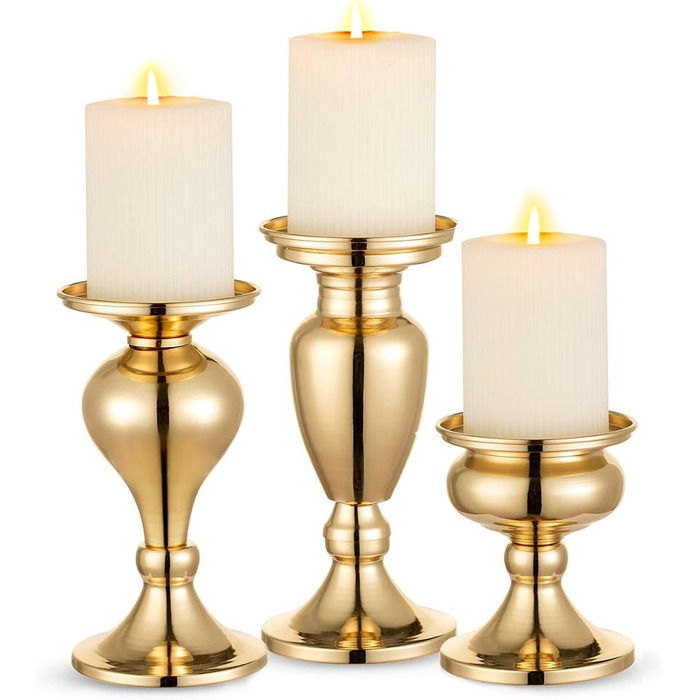 Sziqiqi Set of 3 Candle Holders, Black Vintage Candle Stand, Metal Candle Holders, Tealight Holders for Pillar Candles, Candle Holder Decoration for Wedding Party, Gold