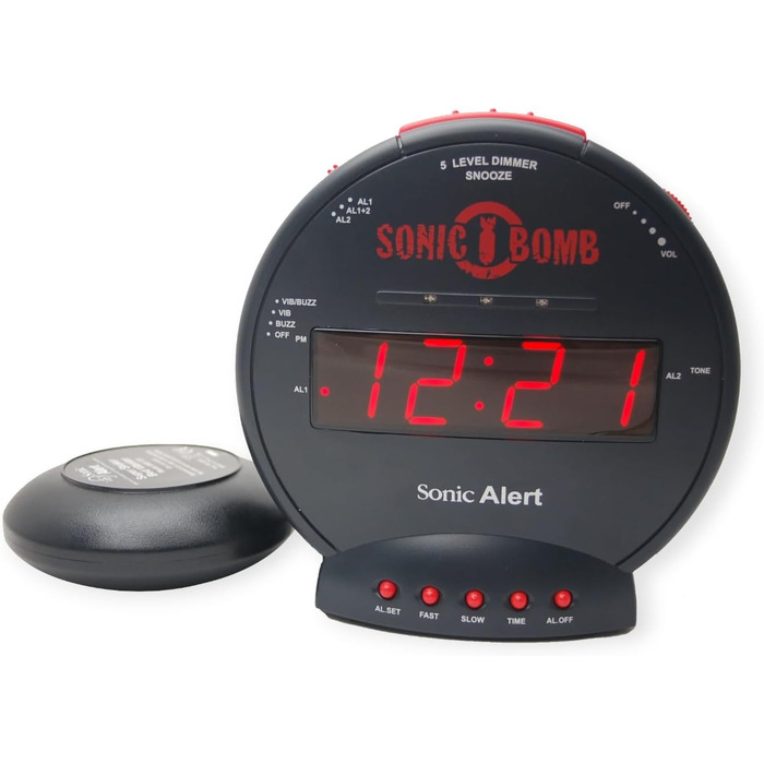 Geemarc Sonic Bomb - Alarm Clock with Super Strong Alarm, Vibration Pad, and Snooze Function - For the Hard of Hearing and Heavy Sleepers - Version DE
