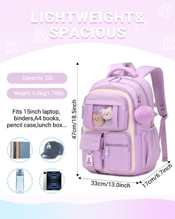 Дитячий рюкзак для школи DivingBirds для дівчаток 2-7 клас, 22L | Легкий, з дихаючим вкладишем спинки та м'якими лямками | Рюкзак для підлітка 7-10 років (фіолетовий)