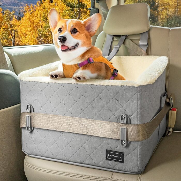Автомобільний лежак для собак PETFIT - піднятий на 12.5 см, з патентованою системою безпеки, знімний чохол, для собак до 12 кг, біля пасажирського сидіння та на задньому сидінні (Світло-сірий, S)