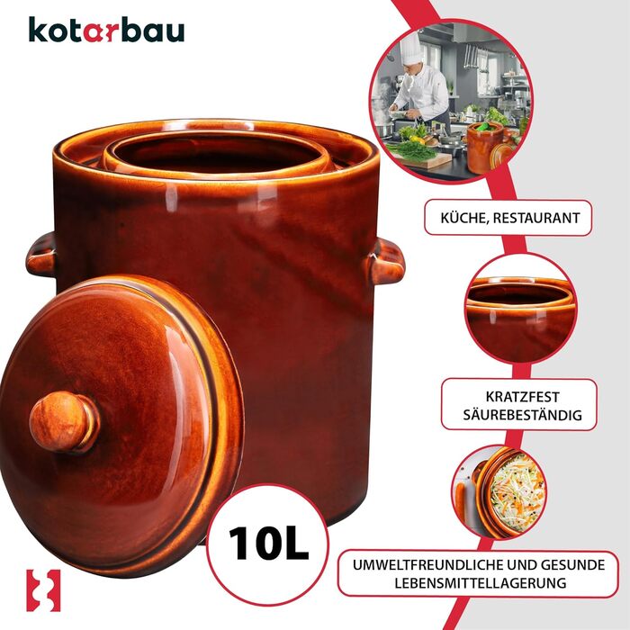 Керамічний гартопф KOTARBAU 10 л, бурий, з герметичною кришкою для квашення, соління, з водяним затвором