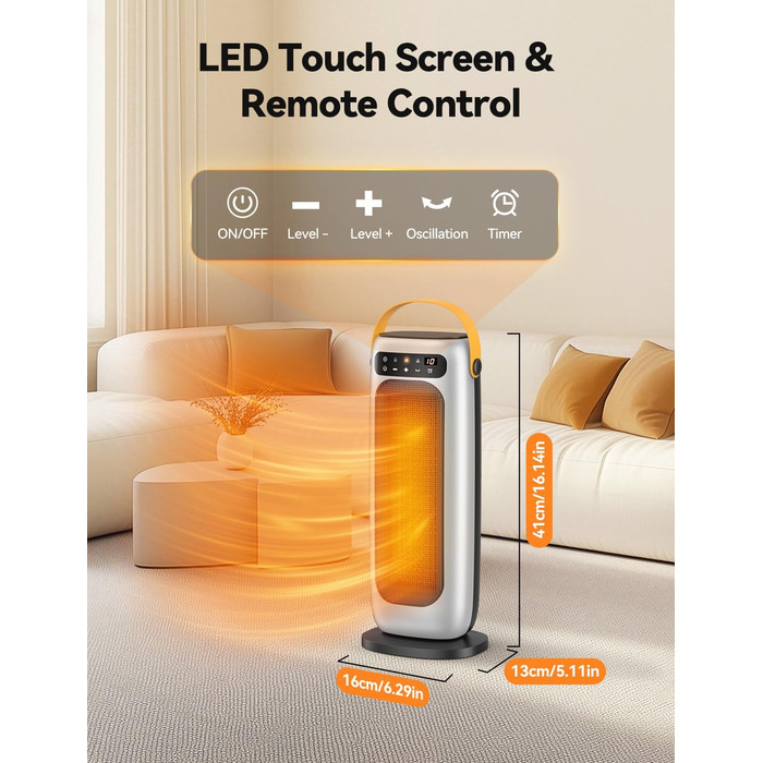 Електричний обігрівач PTC керамічний 1500W з пультом, 4 режими, осциляція 110°, таймер 1-10 год, захист від перегріву та перекидання. Компактний обігрівач для дому (сріблястий)