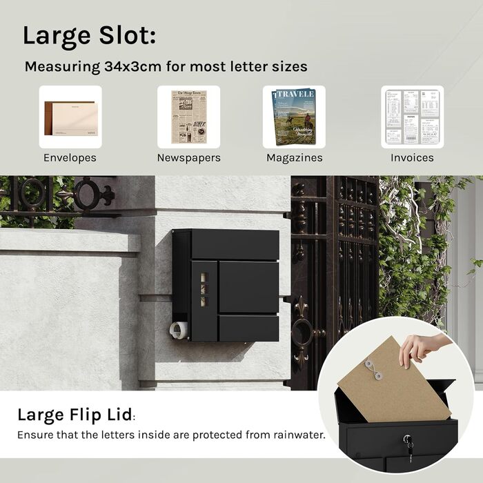 Поштова скринька WOLTU XXL з газетницею, оглядовим вікном та замком, антрацит (чорний) - 10,5 x 37 x 37 см