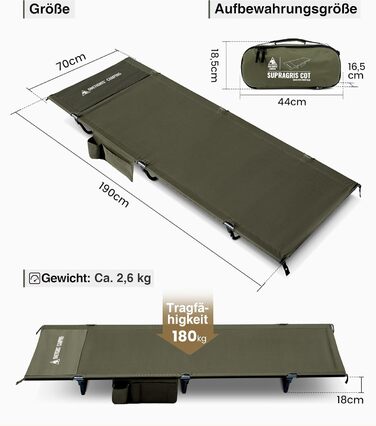 OneTigris SUPRAGRIS: складане кемпінгове ліжко, 190x70x18 см, до 180 кг, для відпочинку на природі, у наметі, у подорожах, у саду чи офісі