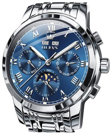 Чоловічий механічний годинник OLEVS 6692 з автопідзаводом, сталевий браслет, синій циферблат, фаза місяця, водонепроникний, люкс