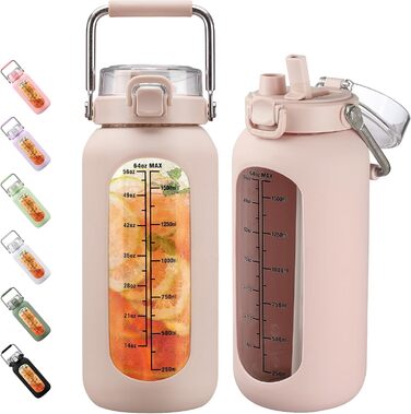 BLUEGO 2000ml Glass Water Bottle with Stainless Steel Handle and Time Marker 2L Motivation Glass Dryer with Silicone Sleeve and Straw for Gym, Office, Outdoors, Sports Water Bottles BPA-Free, (Amber)