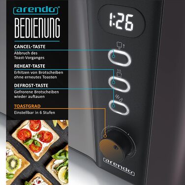 Arendo - 2-Slice Long Slot Toaster - Defrost Function - 1000W - Double-Walled Housing - Integrated Bun Tray - Browning Levels 1-6 - Display with Remaining Time Display D: Silvergrey