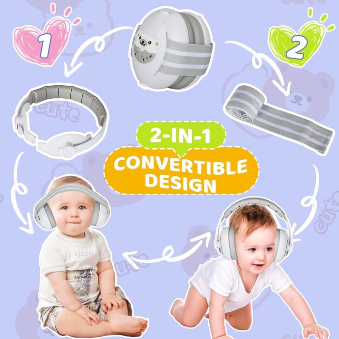 Навушники для захисту від шуму USHOP для немовлят 2-в-1, 25dB, регульоване антиковзне кріплення, до 48 місяців, м'які та легкі, запобігають пошкодженню слуху