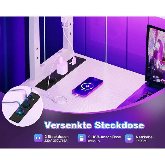 Ігровий стіл Coleshome L-подібної форми з LED-підсвічуванням та розетками, 135 × 100 см. Реверсивний кутовий стіл з полицями для зберігання, з сумкою для дому та ігор. (110×80 см, Білий)